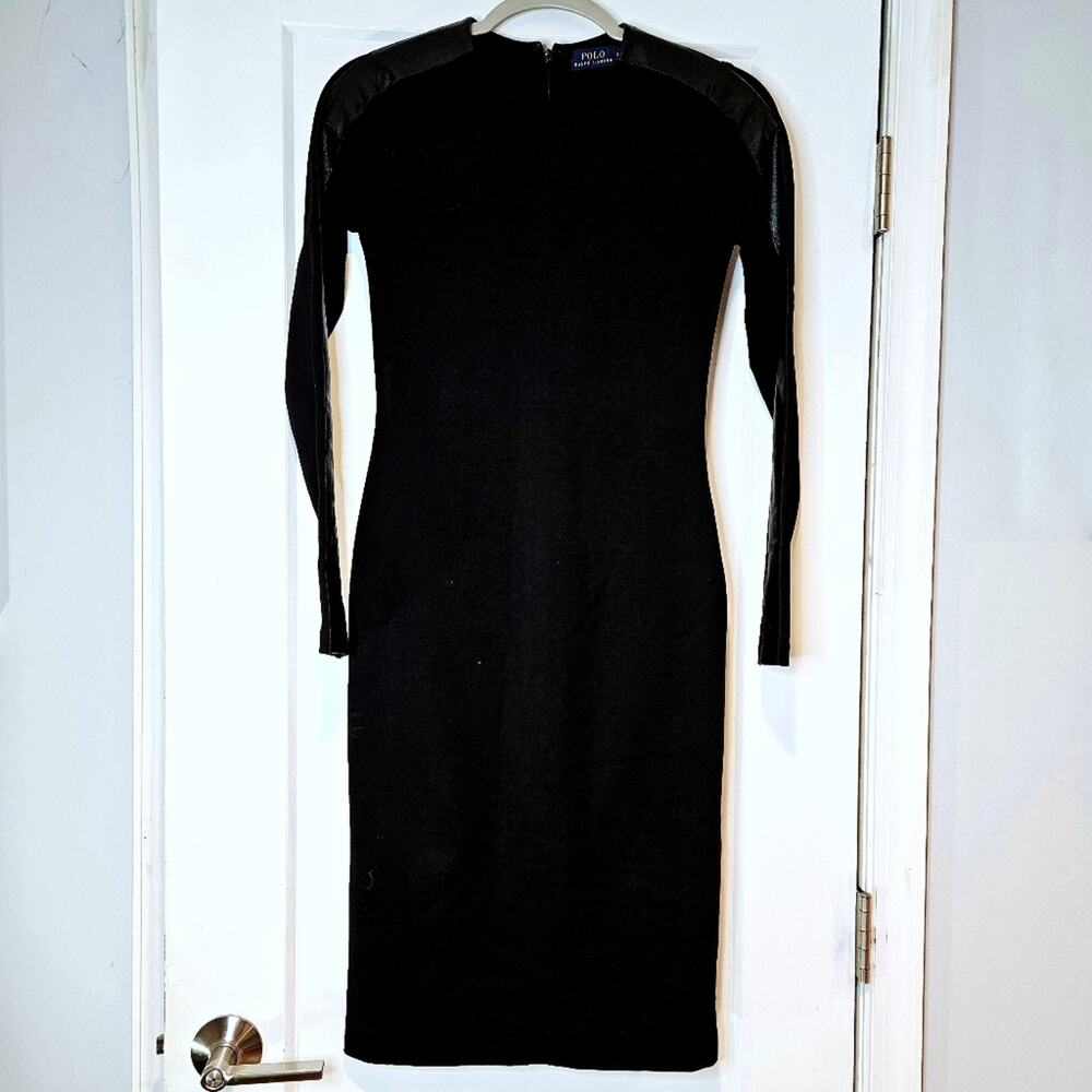 Polo Ralph Lauren Black Sheath Dress Faux Leather Trim Long Sleeve XS